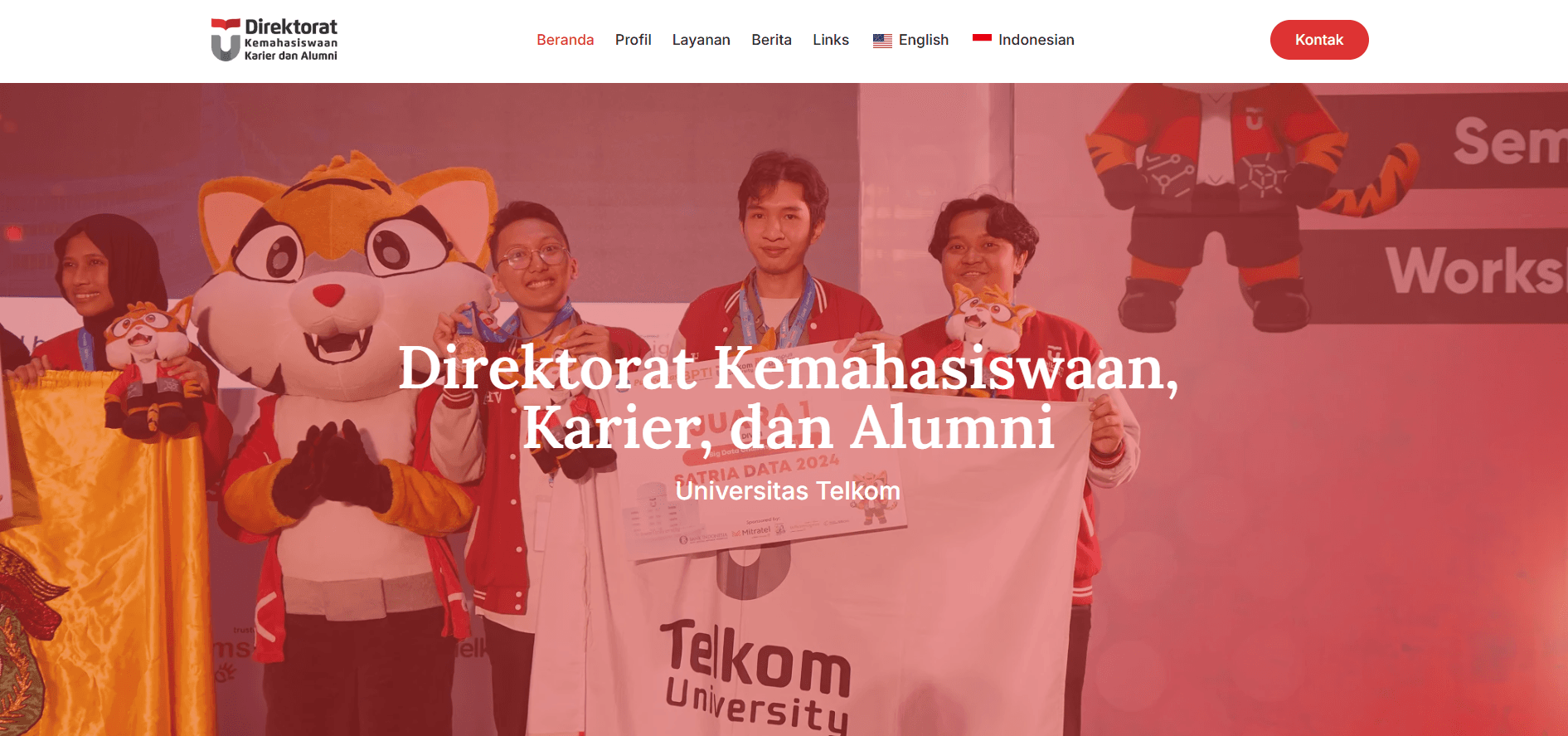 Telkom University Directorate of Student Affairs, Career, and Alumni home page with Profile, Services, and News navigation.
