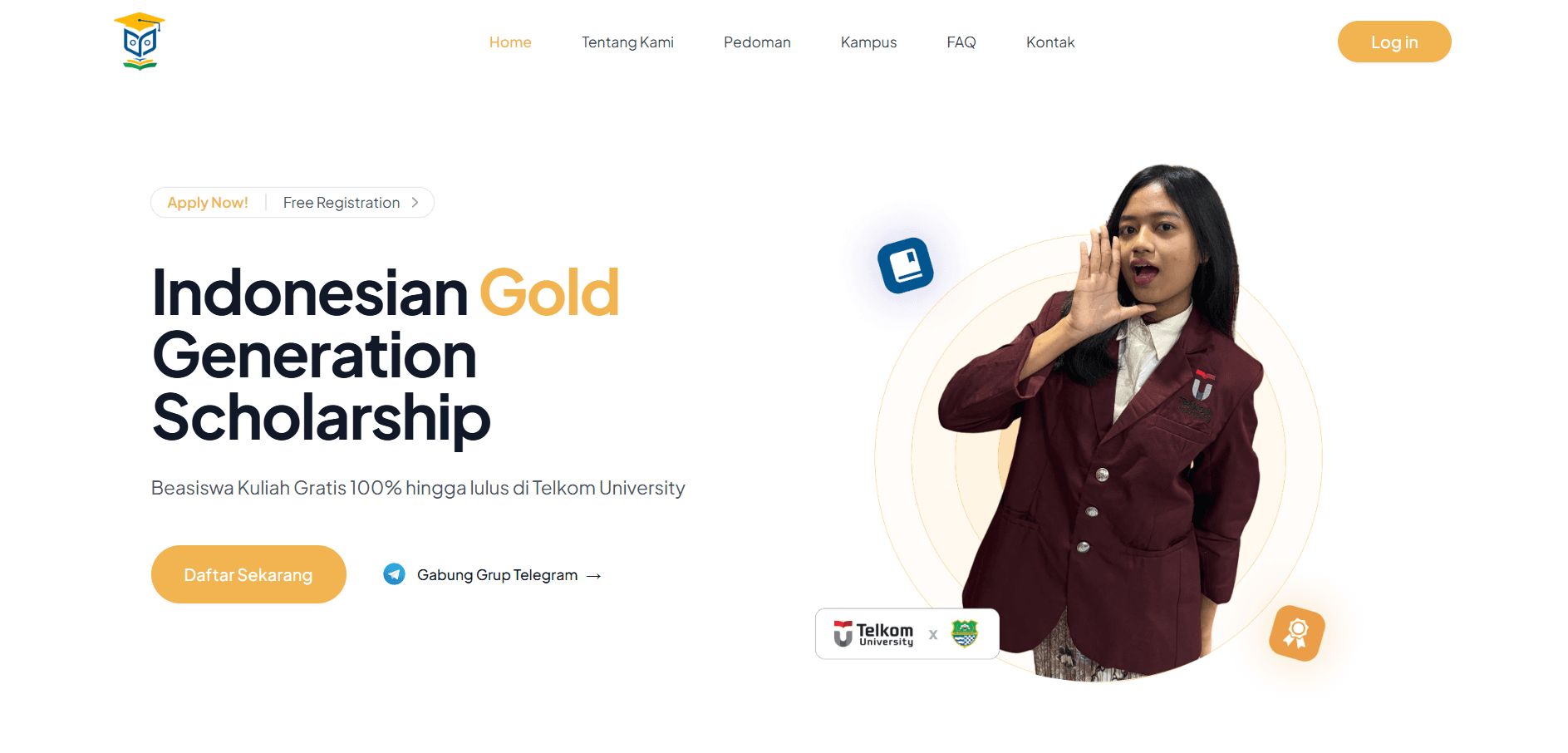 Indonesian Gold Generation Scholarship landing page with a scholarship introduction and Register Now button.