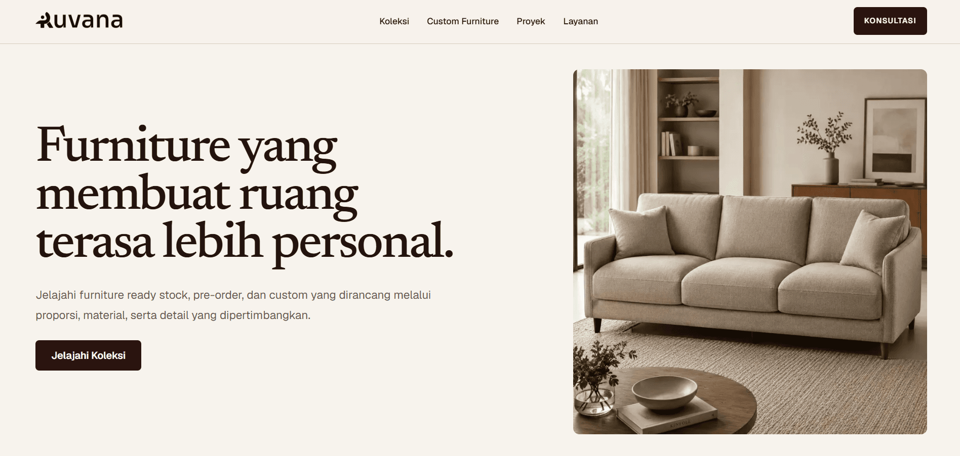 Ruvana home page featuring a sofa, an introduction to its furniture, and an Explore the Collection button.