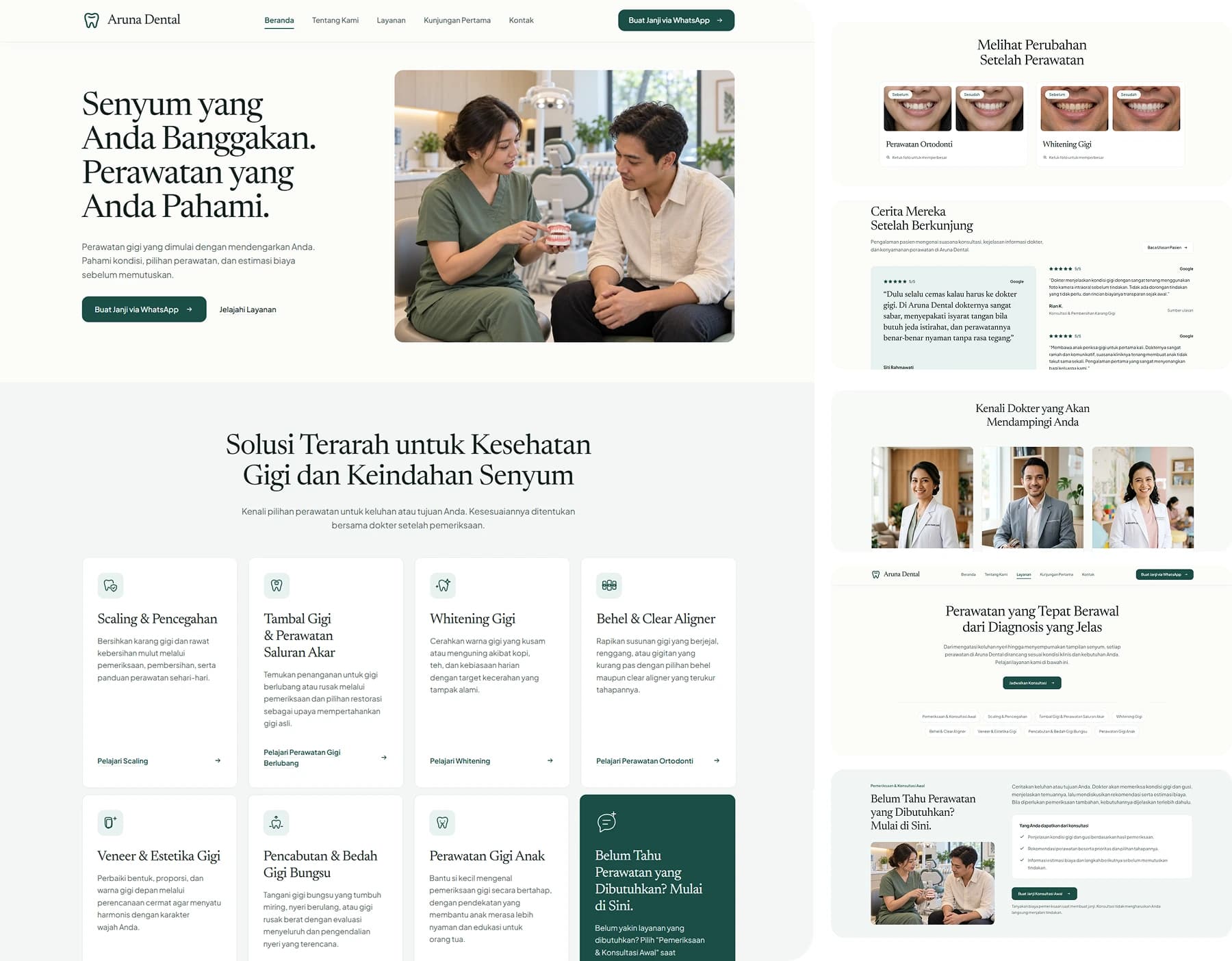 Pratinjau template website Aruna Dental untuk klinik gigi dan dokter gigi praktik mandiri.